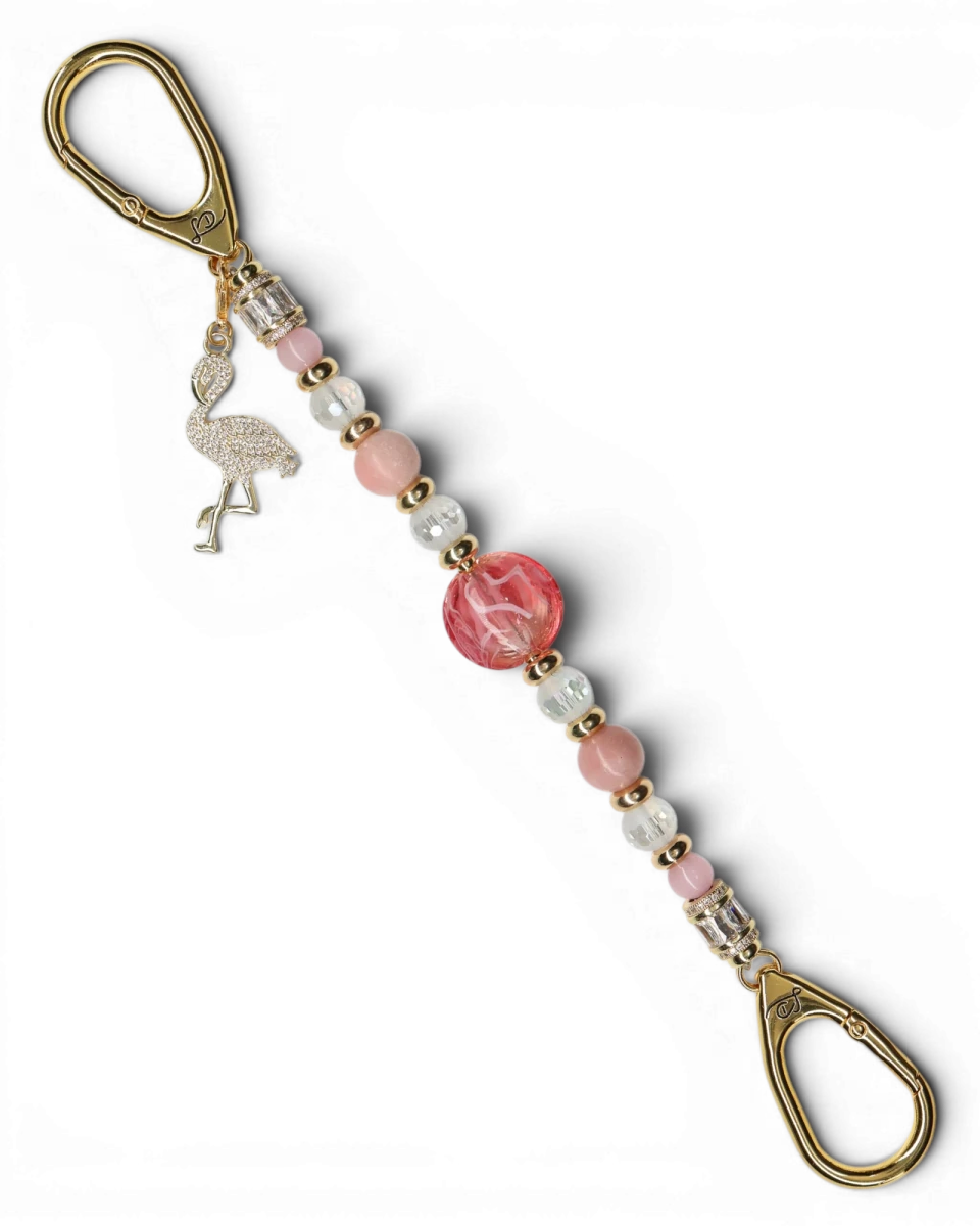 LD Keyfinder Flamingo Fantasy beaded keychain with pink opal, cat's eye beads, and a gold rhinestone flamingo charm.