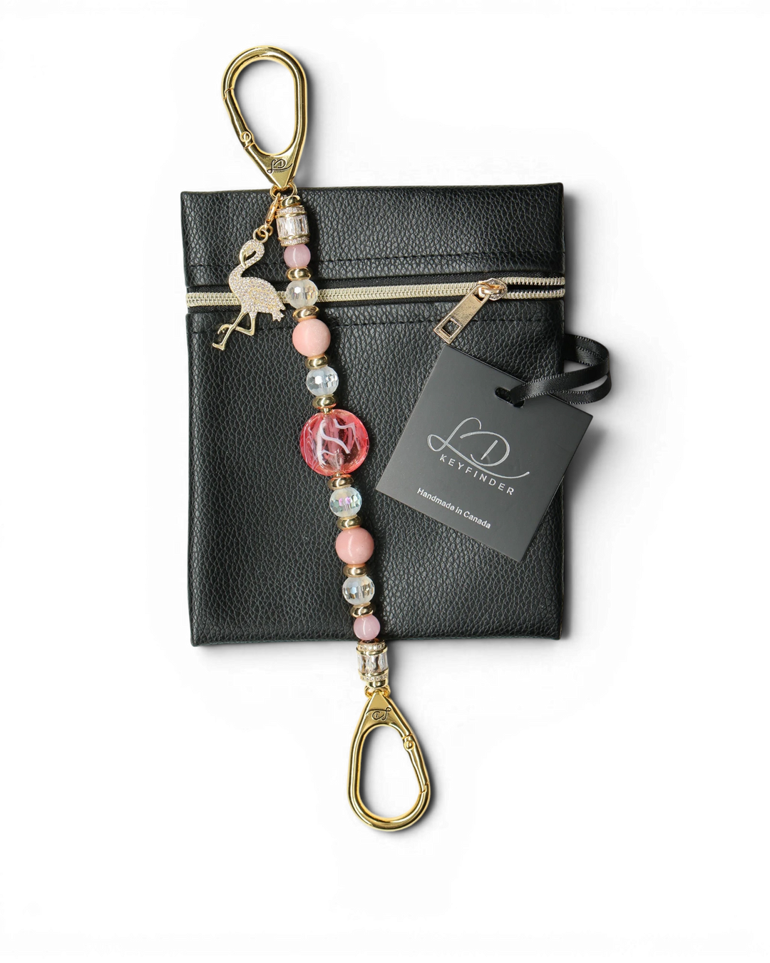 LD Keyfinder Flamingo Fantasy beaded keychain with pink opal, cat's eye beads, and a gold rhinestone flamingo charm.