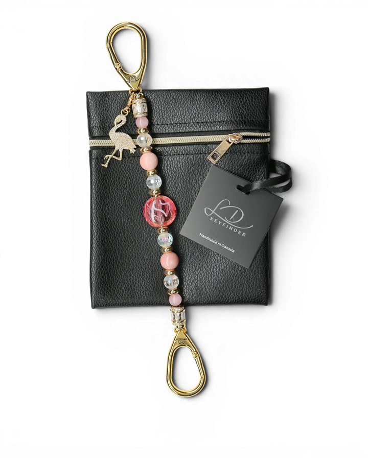 LD Keyfinder Flamingo Fantasy beaded keychain with pink opal, cat's eye beads, and a gold rhinestone flamingo charm.