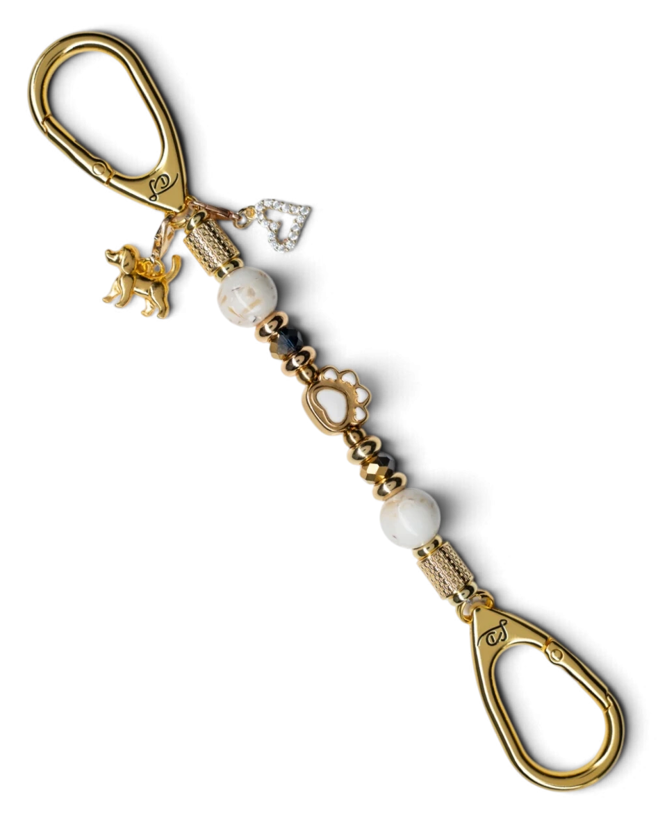 LD Keyfinder Furever Love-Mini keychain with white seashell beads, gold glass beads, paw charm, and dog heart charms.