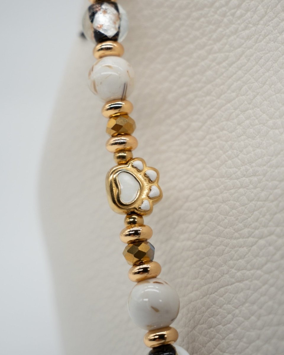 White Enamel Gold Plated Dog Paw Centerpiece & Creamy White Seashell Beads