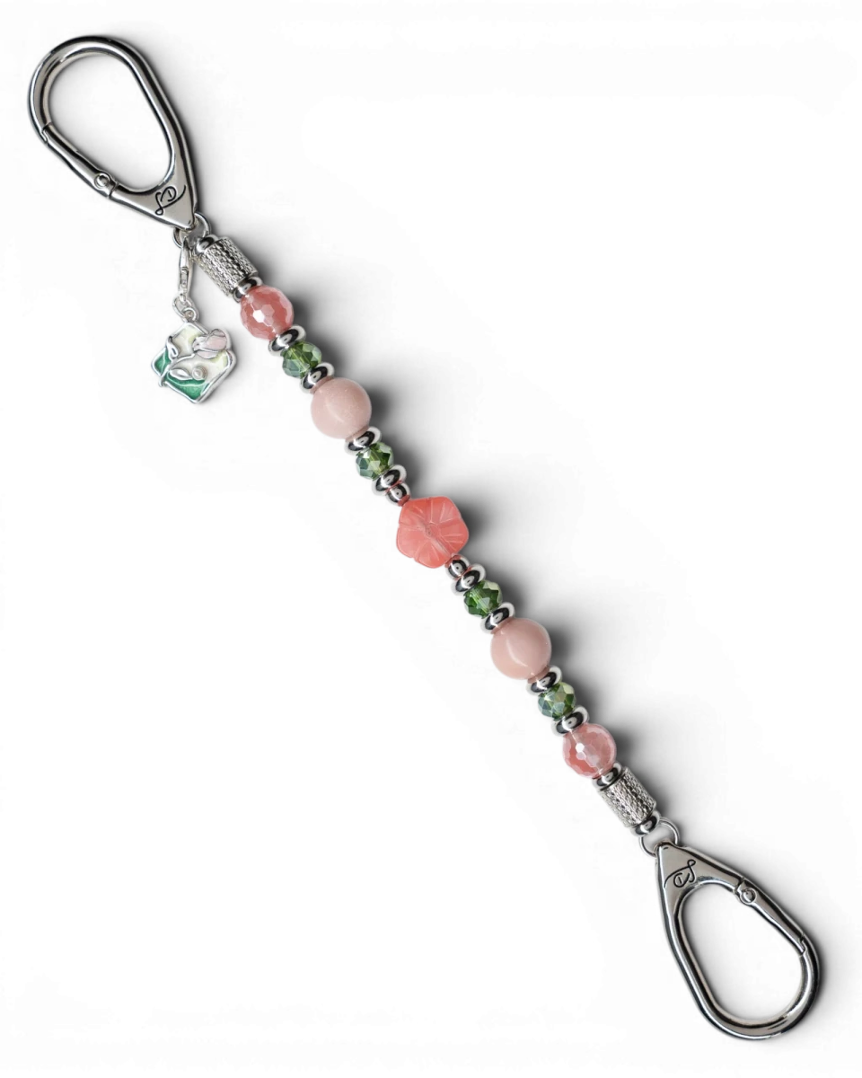 LD Keyfinder Garden Bliss beaded keychain with cherry quartz, pink opal, green glass beads, and enamel flower charm.