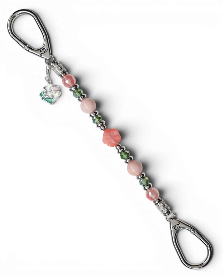 LD Keyfinder Garden Bliss beaded keychain with cherry quartz, pink opal, green glass beads, and enamel flower charm.