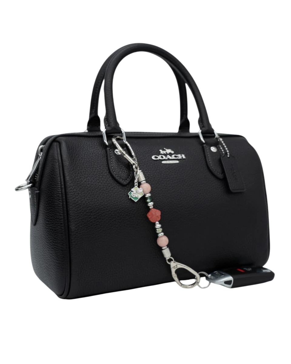LD Keyfinder Garden Bliss-Mini accessory with pink opal, cherry quartz flower, and green beads on a black handbag