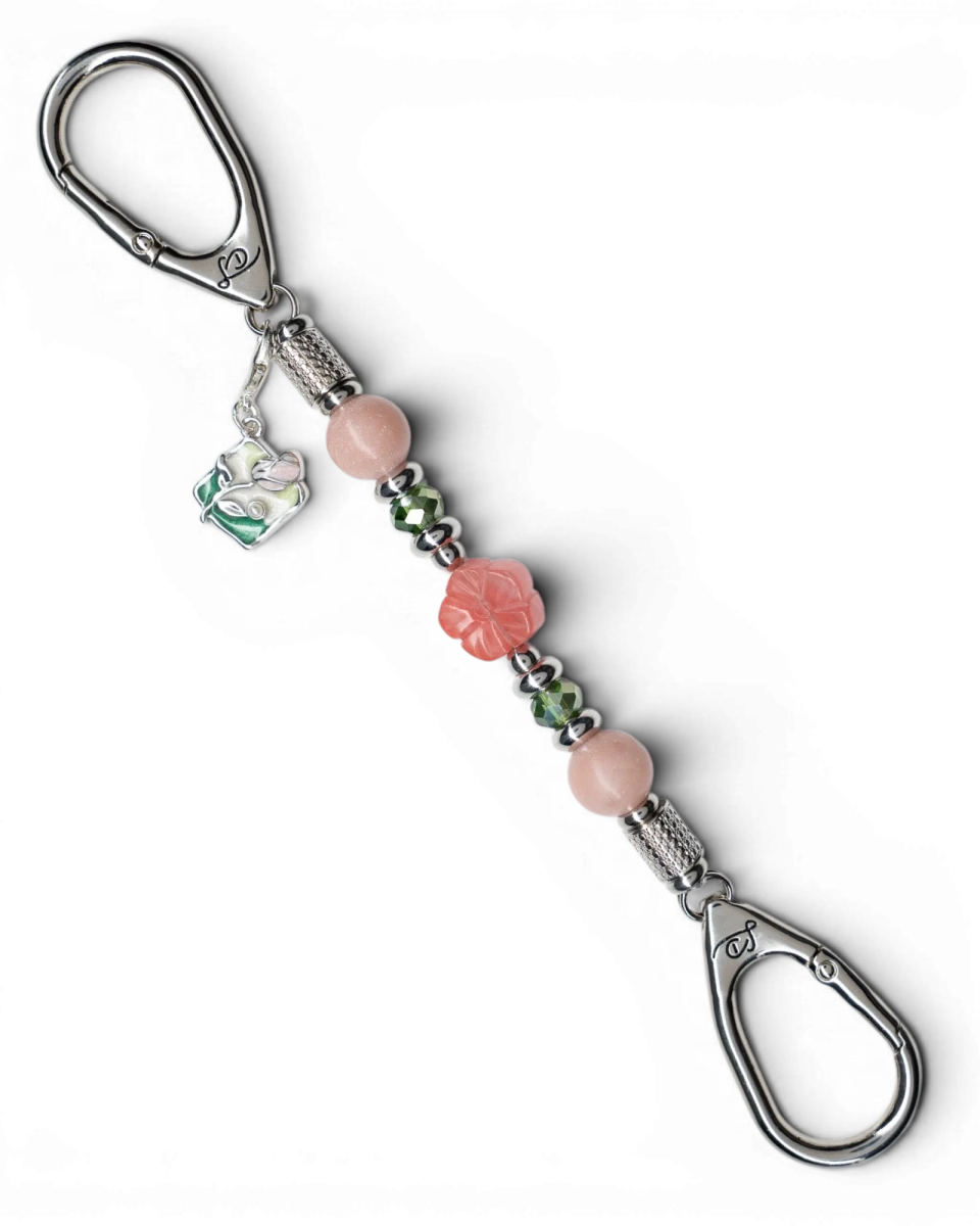 LD Keyfinder Garden Bliss-Mini featuring pink opal, cherry quartz flower, green glass beads, and enamel flower charm.