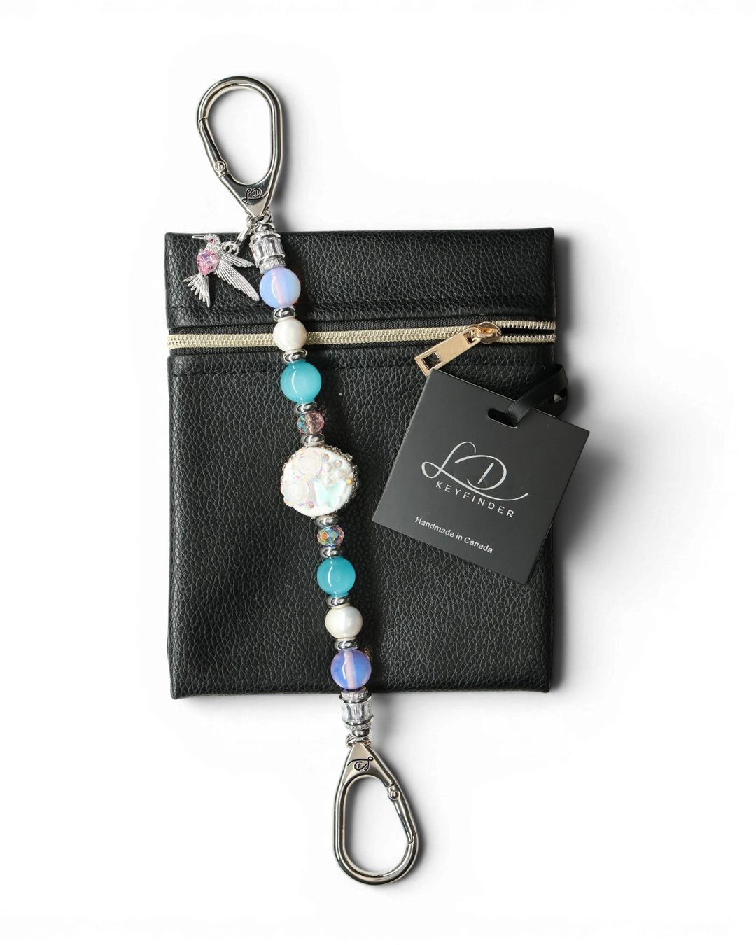 LD Keyfinder Garden Serenade beaded key chain with freshwater pearls, aqua cat's eye beads, and hummingbird charm.