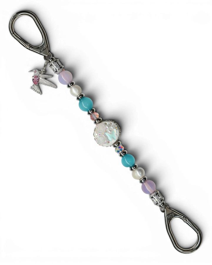 LD Keyfinder Garden Serenade beaded keyfinder with freshwater pearls, aqua cat's eye, pink opalite, and hummingbird charm