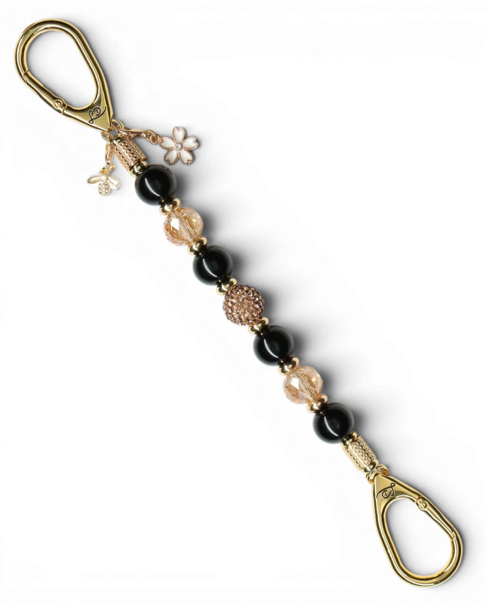 LD Keyfinder Gilded Bee keychain with black obsidian beads, gold crystal beads, flower and bee charms.