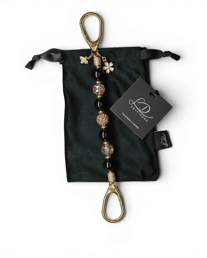 LD Keyfinder Gilded Bee keychain with black obsidian, gold crystal beads, flower and bee charms.