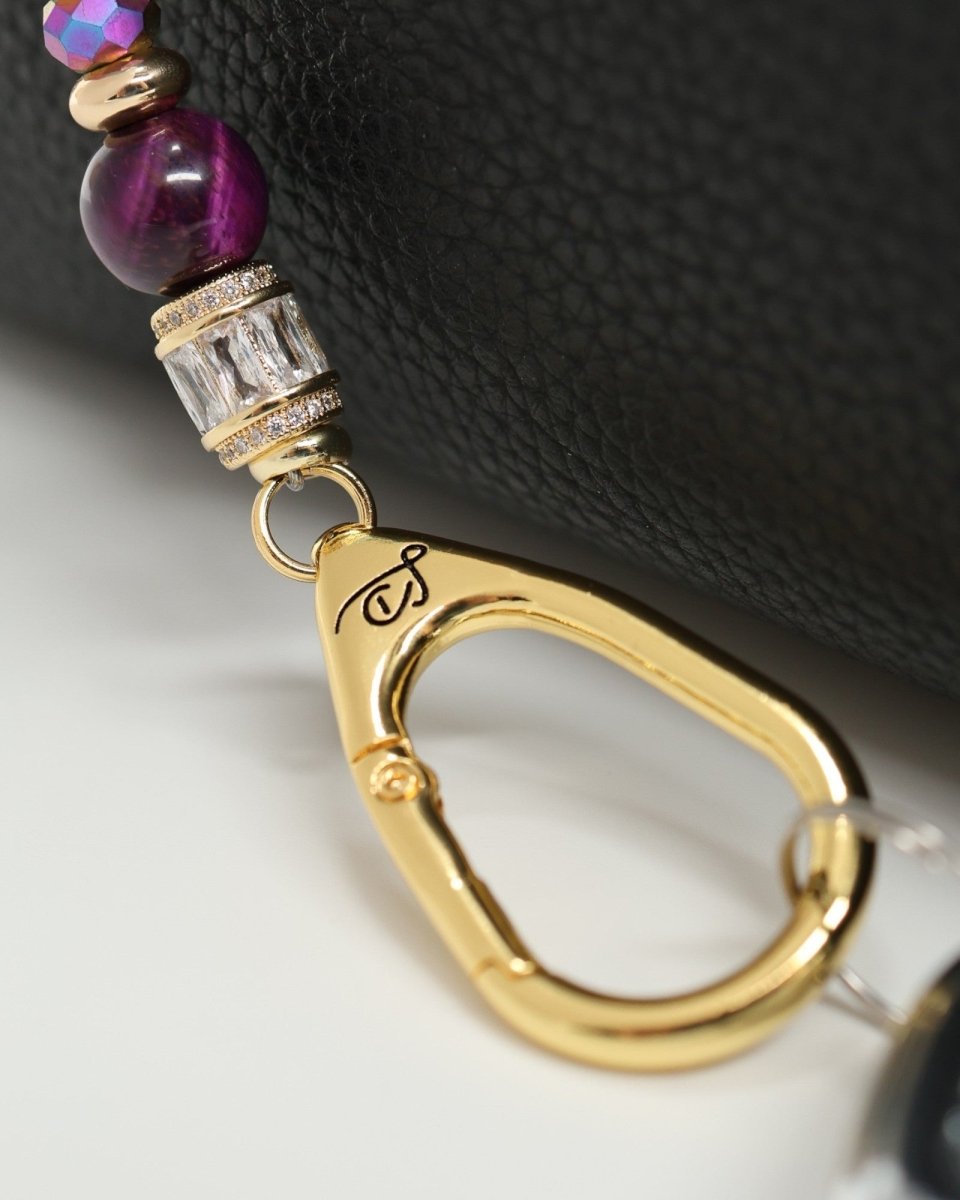 LD Keyfinder Gilded Fantasy lanyard with sky blue, topaz, purple tiger eye beads, gold accents, and blue flower charm.