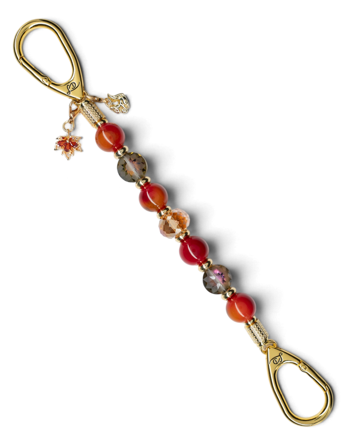 LD Keyfinder Golden Autumn beaded key finder with agate, crystal, gold-plated squirrel, and maple leaf charms.
