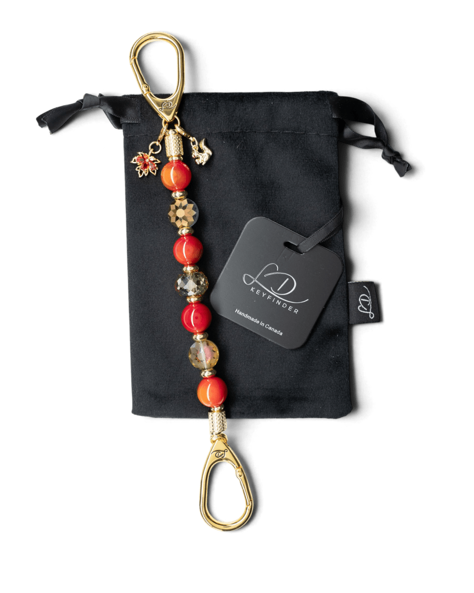 LD Keyfinder Golden Autumn beaded key finder with agate, crystal, gold-plated squirrel and maple leaf charms on pouch
