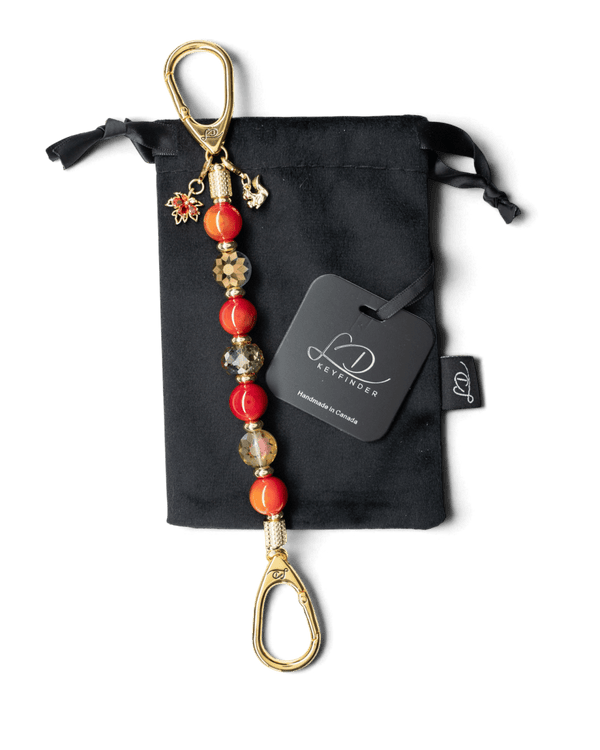 LD Keyfinder Golden Autumn beaded key finder with agate, crystal, gold-plated squirrel and maple leaf charms on pouch