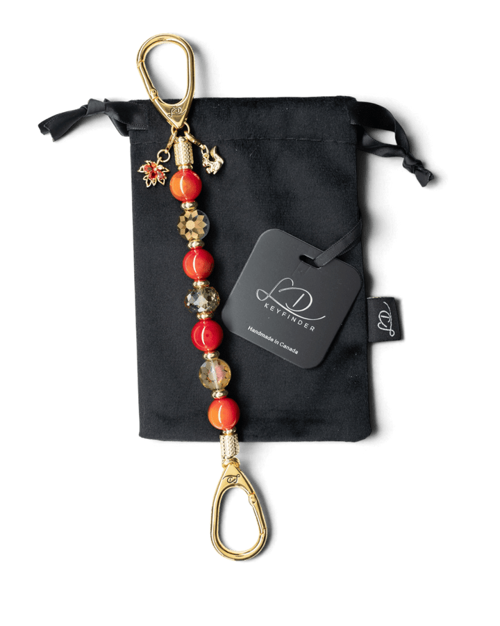 LD Keyfinder Golden Autumn beaded key finder with agate, crystal, gold-plated squirrel and maple leaf charms on pouch