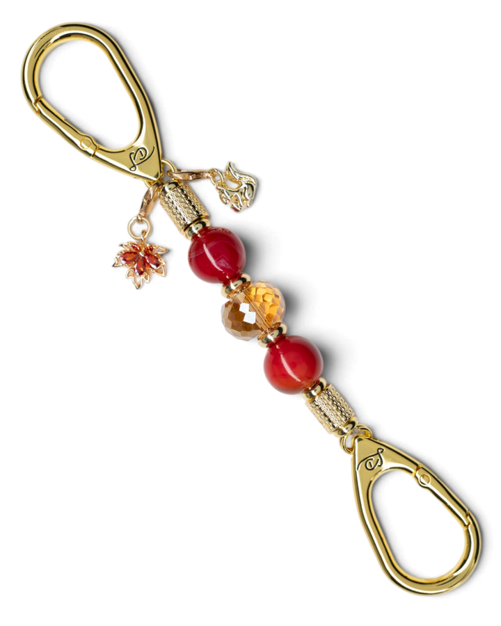 LD Keyfinder Golden Autumn Mini featuring agate beads, amber crystal, gold-plated squirrel and maple leaf charms.
