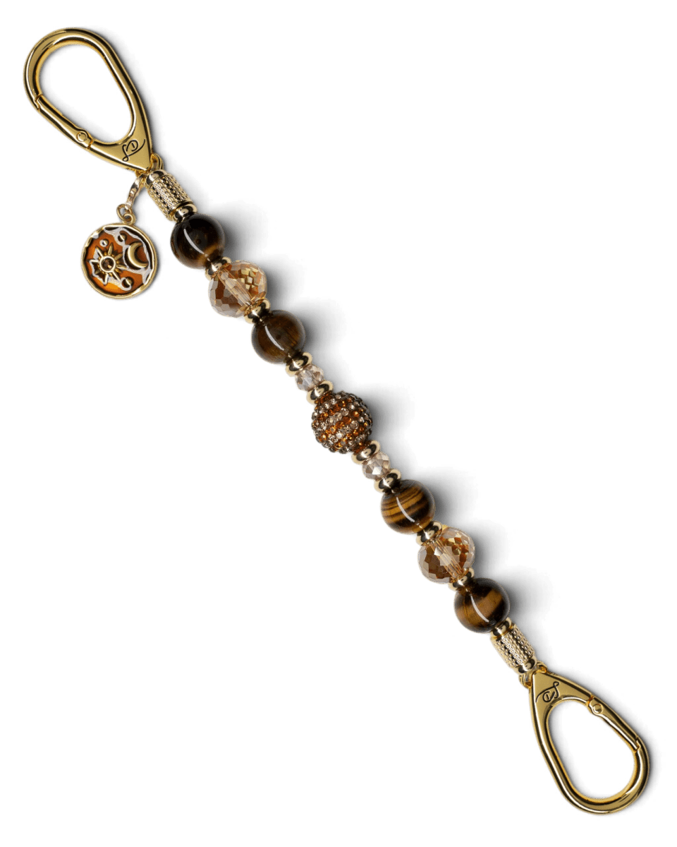 LD Keyfinder Golden Equinox beaded keychain with Tiger Eye, crystal beads, gold spacers, and a sun and moon charm.