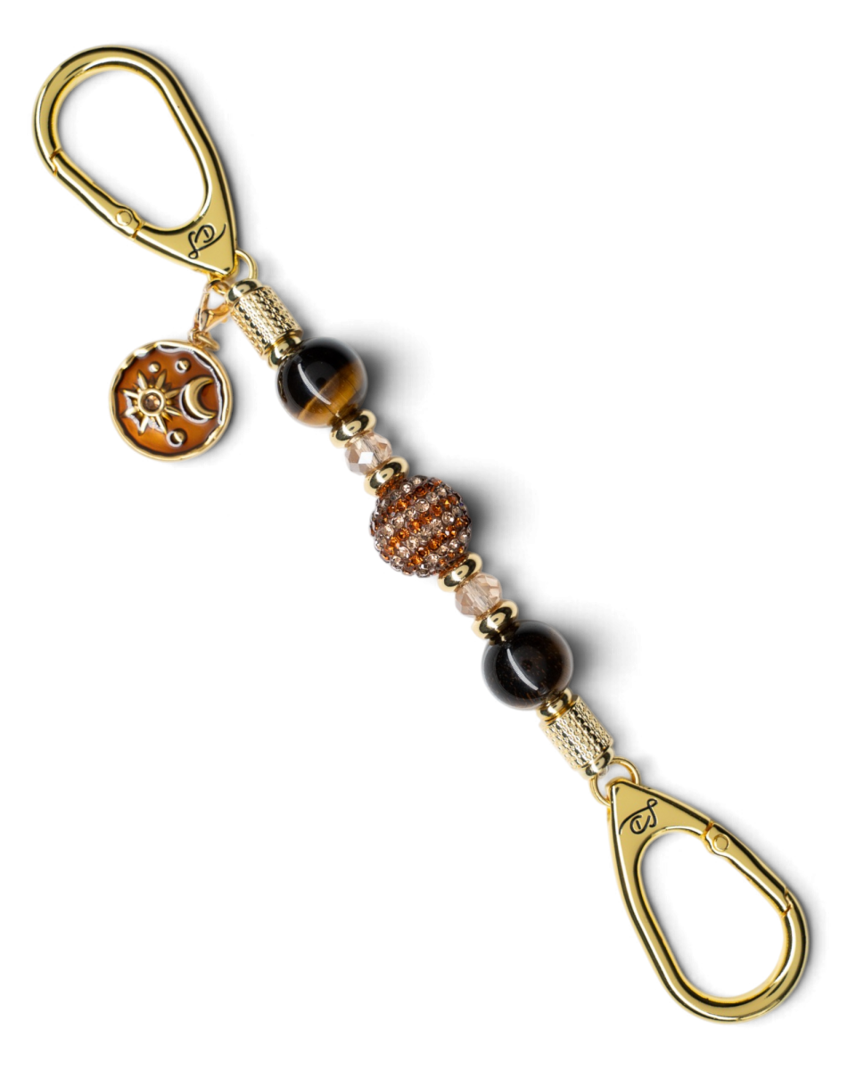 LD Keyfinder Golden Equinox-Mini with Tiger Eye beads, rhinestone centerpiece, and a gold sun and moon charm.
