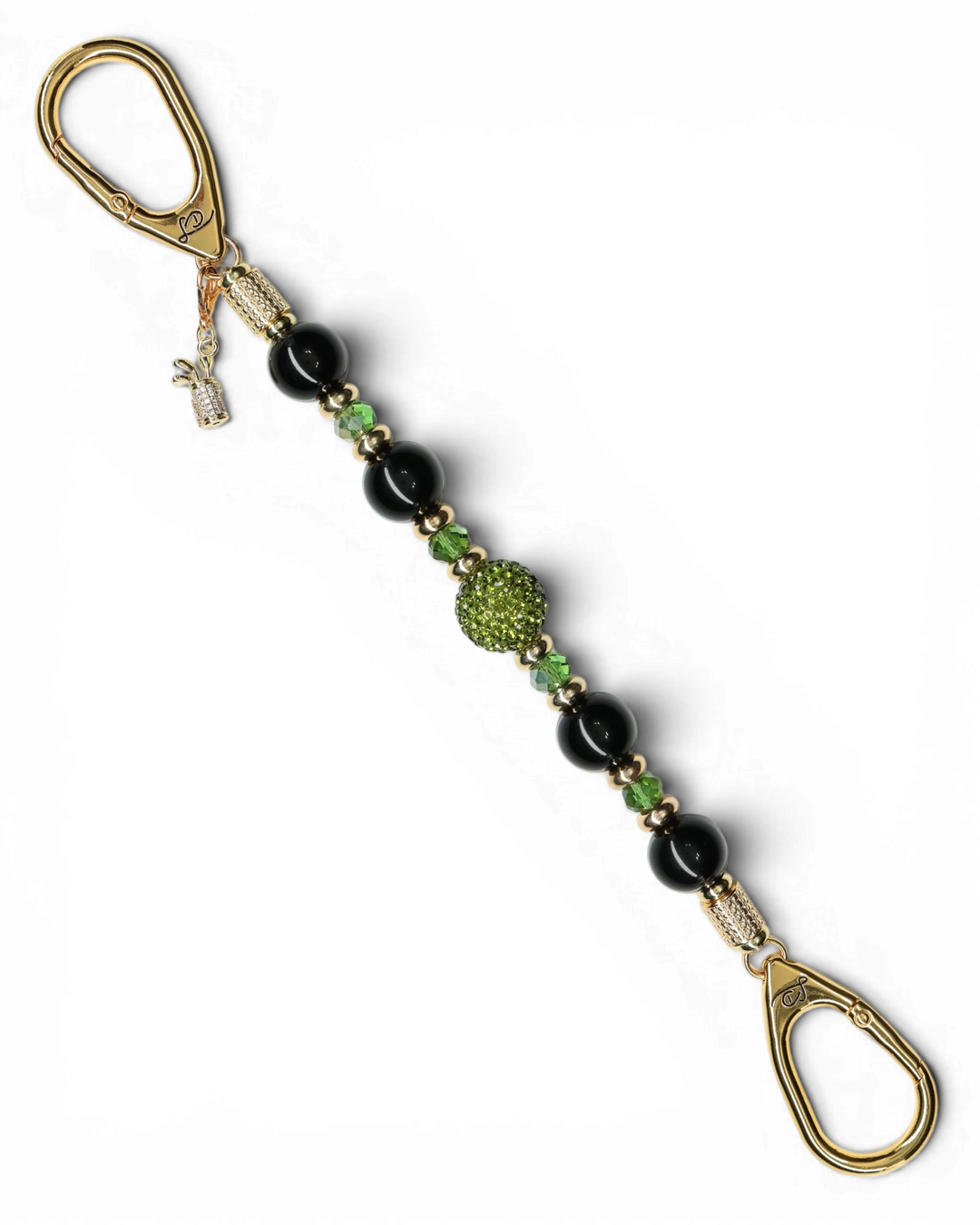 LD Keyfinder Golden Fairway beaded keychain with black obsidian, moss green crystals, and a golf bag charm.