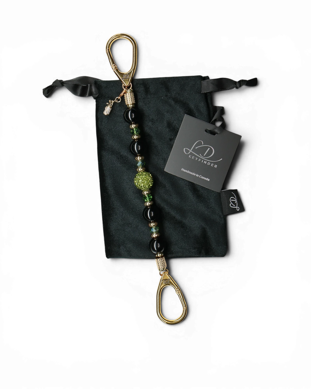 LD Keyfinder Golden Fairway beaded keychain with black obsidian, moss green crystals, and a golf bag charm.