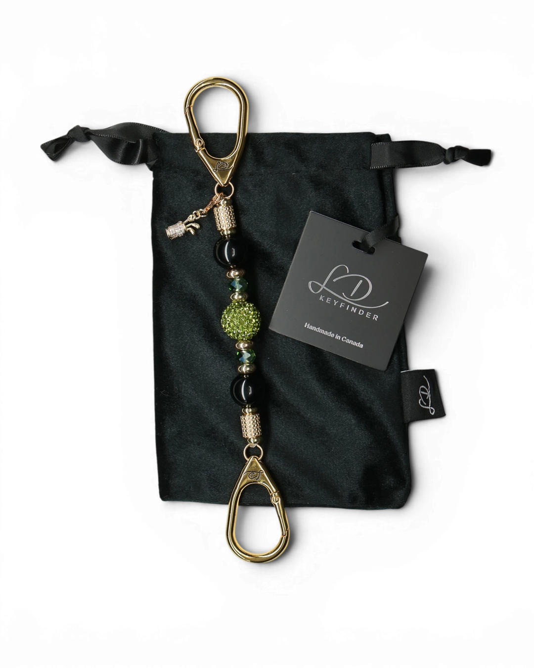 LD Keyfinder Golden Fairway Mini with obsidian, moss green crystals, 18KT gold spacers, and golf bag charm.