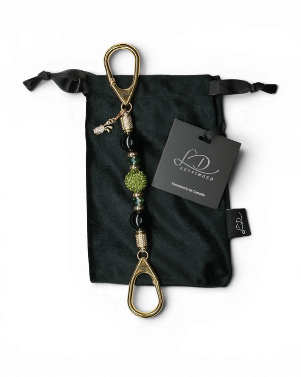 LD Keyfinder Golden Fairway Mini with obsidian, moss green crystals, 18KT gold spacers, and golf bag charm.