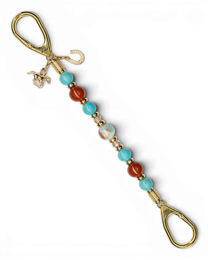 LD Keyfinder Golden Prairie beaded keychain with imperial jasper, turquoise, red jasper, and gold horse and horseshoe charms