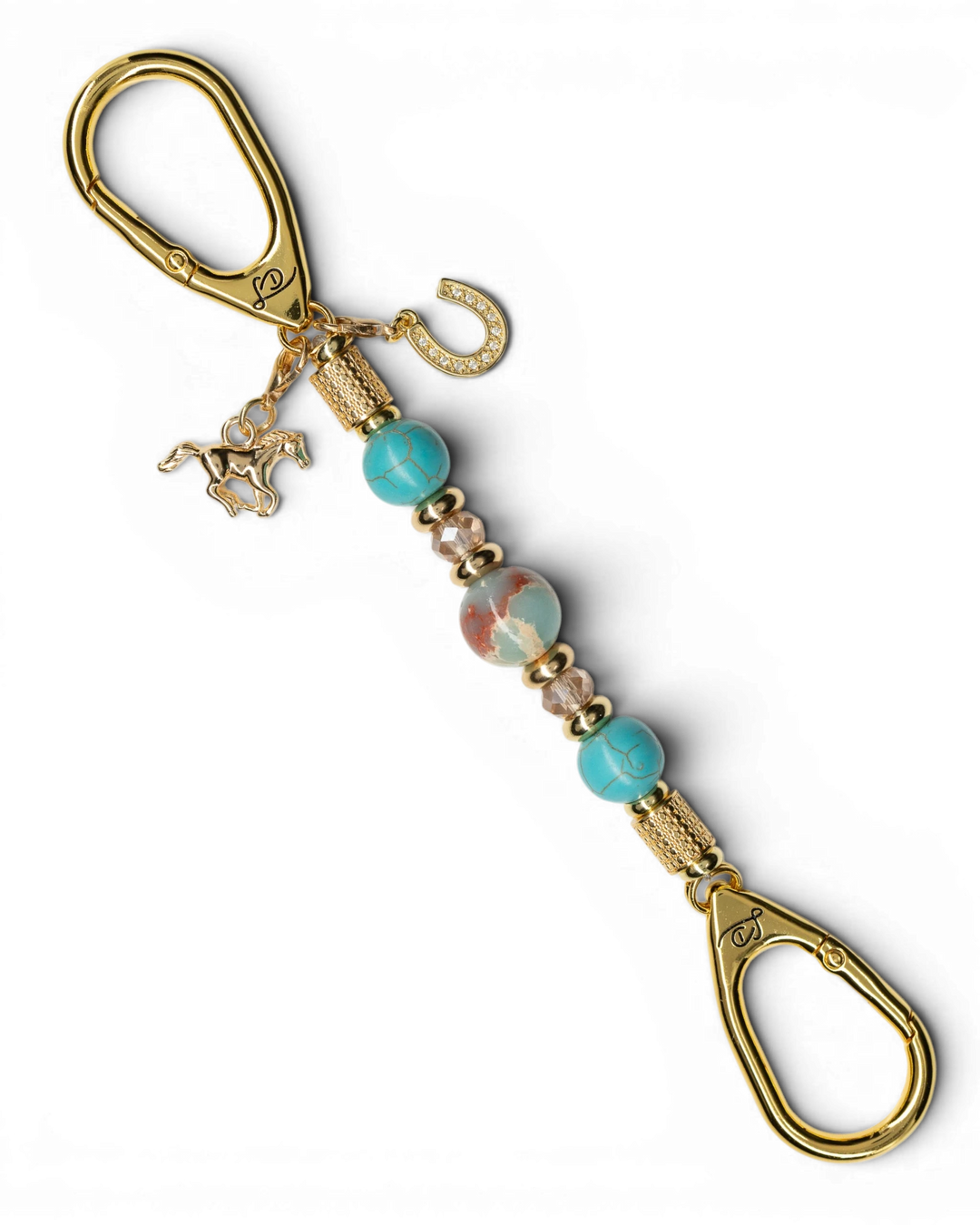 LD Keyfinder Golden Prairie Mini beaded keychain with turquoise, jasper, and gold horse and horseshoe charms.