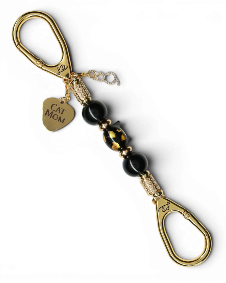 LD Keyfinder Golden Purrs-Mini keychain with black obsidian beads, gold cat charm, and Cat Mom heart pendant.