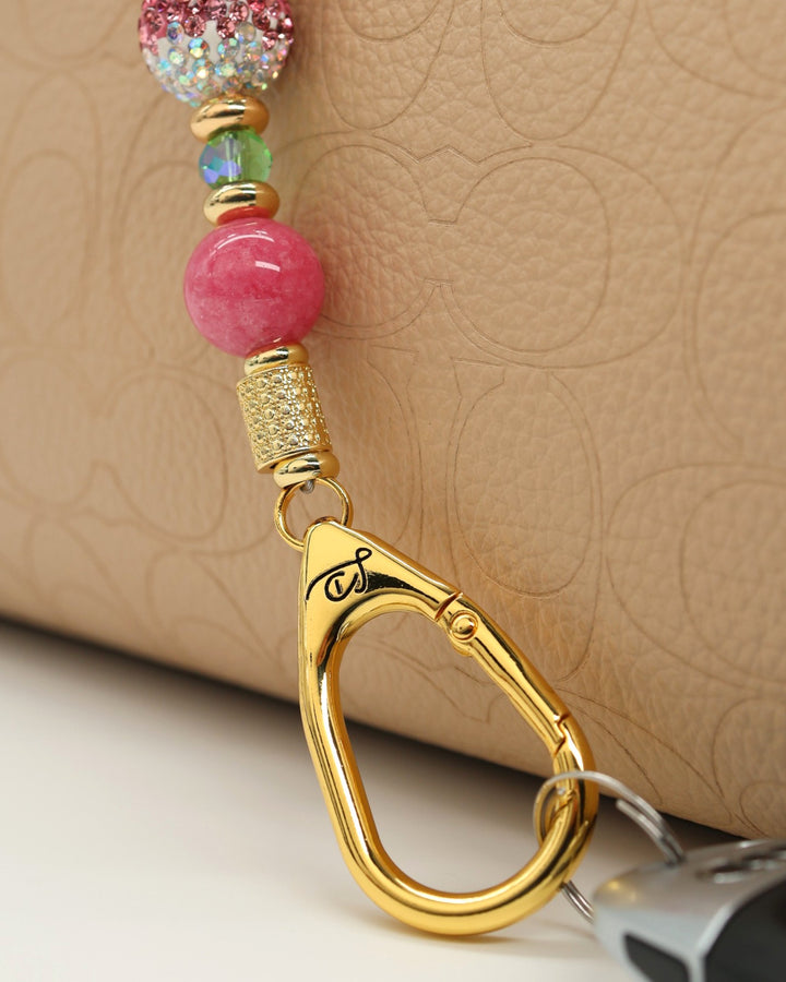 LD Keyfinder Golden Rally Mini with lime green glass, violet red jade, and crystal beads with a pickleball charm.