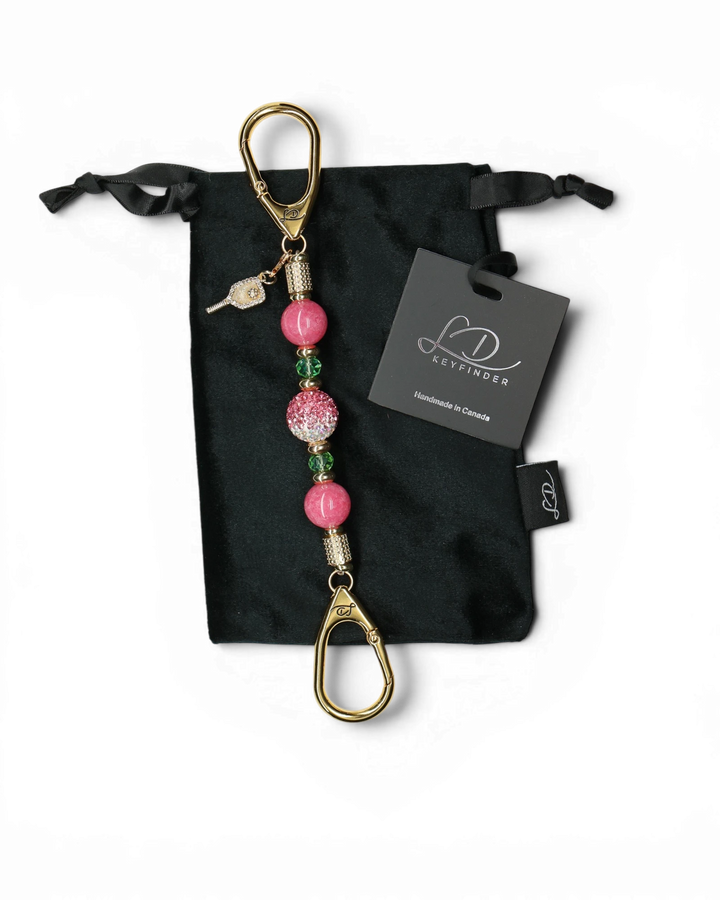 LD Keyfinder Golden Rally Mini with jade, glass beads, Austrian crystal, and a pickleball paddle charm on velvet bag
