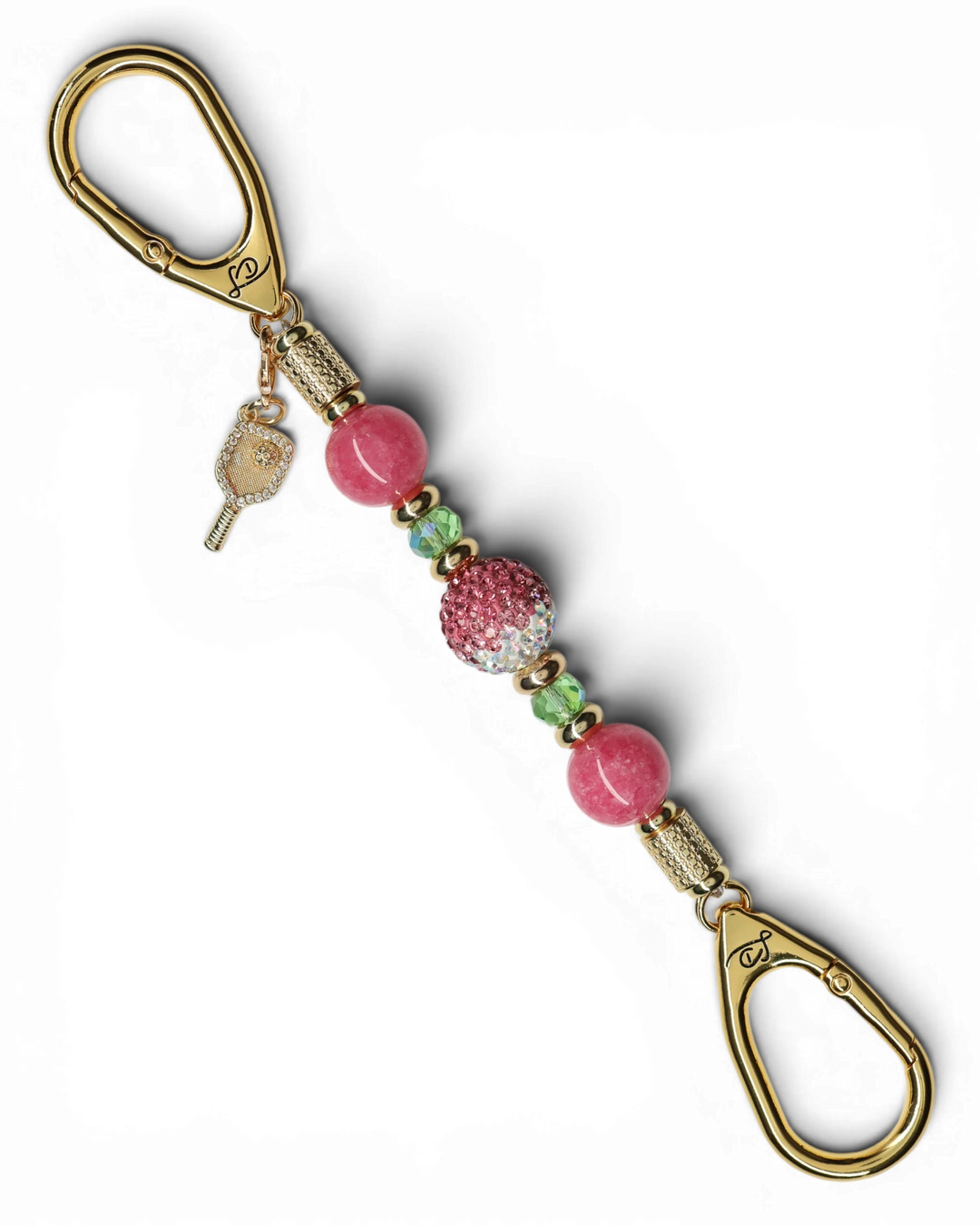 LD Keyfinder Golden Rally Mini with lime green glass, violet red jade, Austrian crystal, and pickleball paddle charm.
