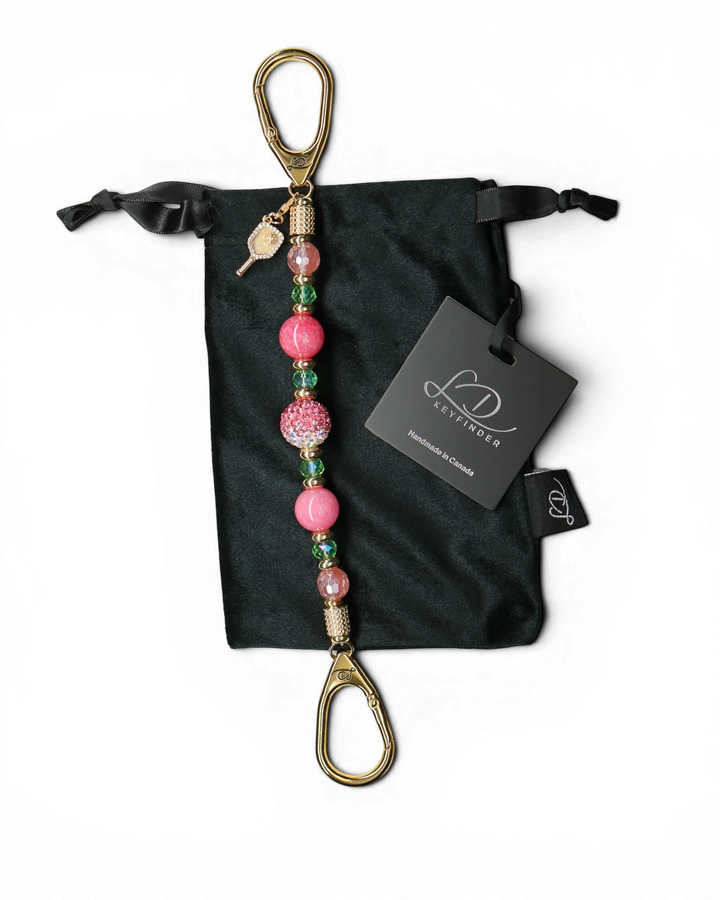 LD Keyfinder Golden Rally beaded keychain with pink quartz, lime green glass, and a pickleball paddle charm.