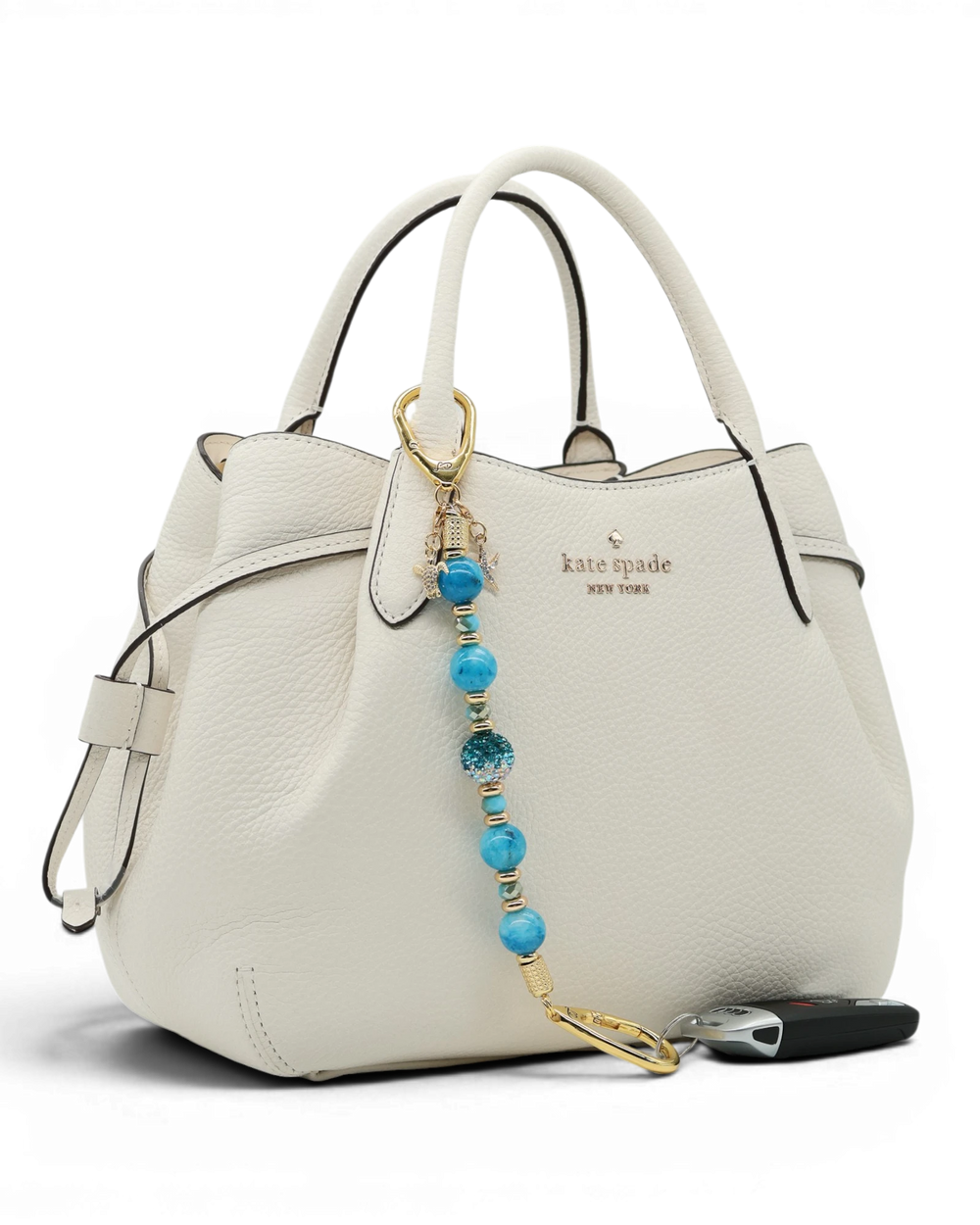 LD Keyfinder Golden Reef keychain with aqua hemimorphite beads, Austrian crystal, gold-plated charms of starfish and sea turtle.