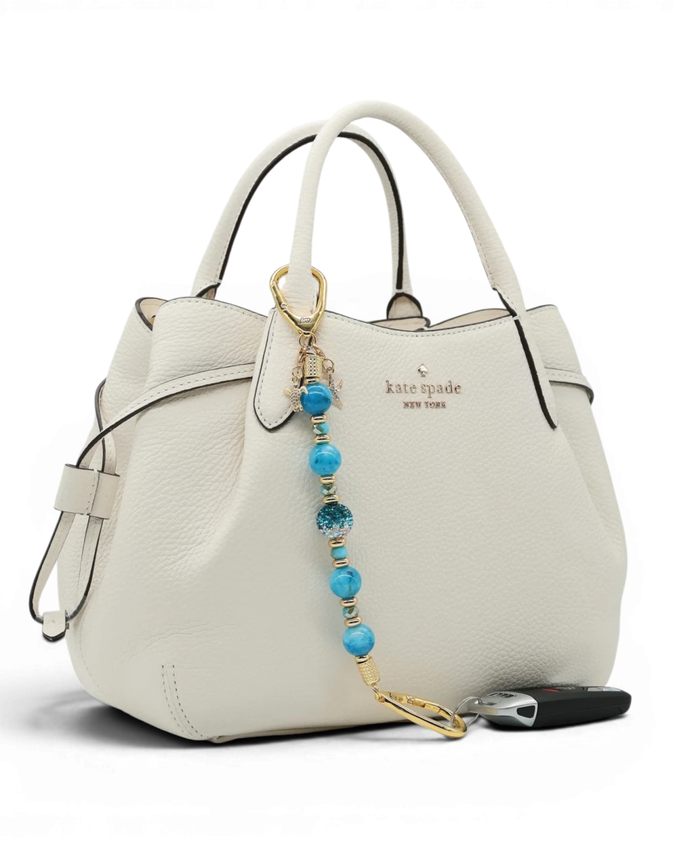 LD Keyfinder Golden Reef keychain with aqua hemimorphite beads, Austrian crystal, gold-plated charms of starfish and sea turtle.