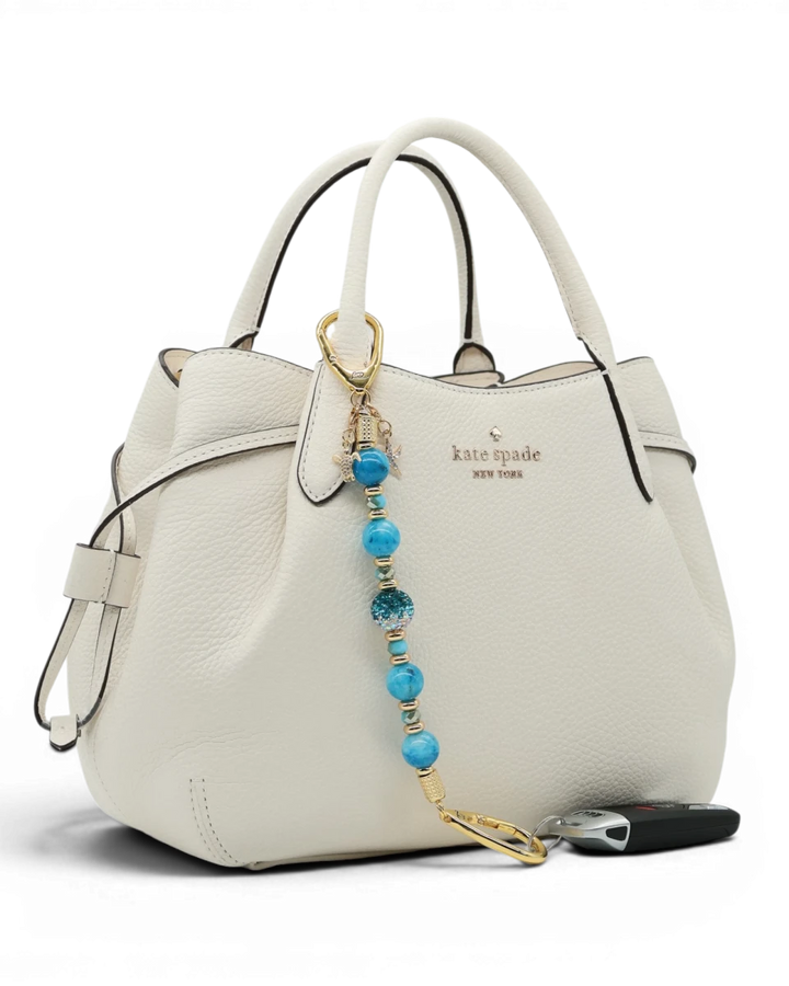 LD Keyfinder Golden Reef keychain with aqua hemimorphite beads, Austrian crystal, gold-plated charms of starfish and sea turtle.