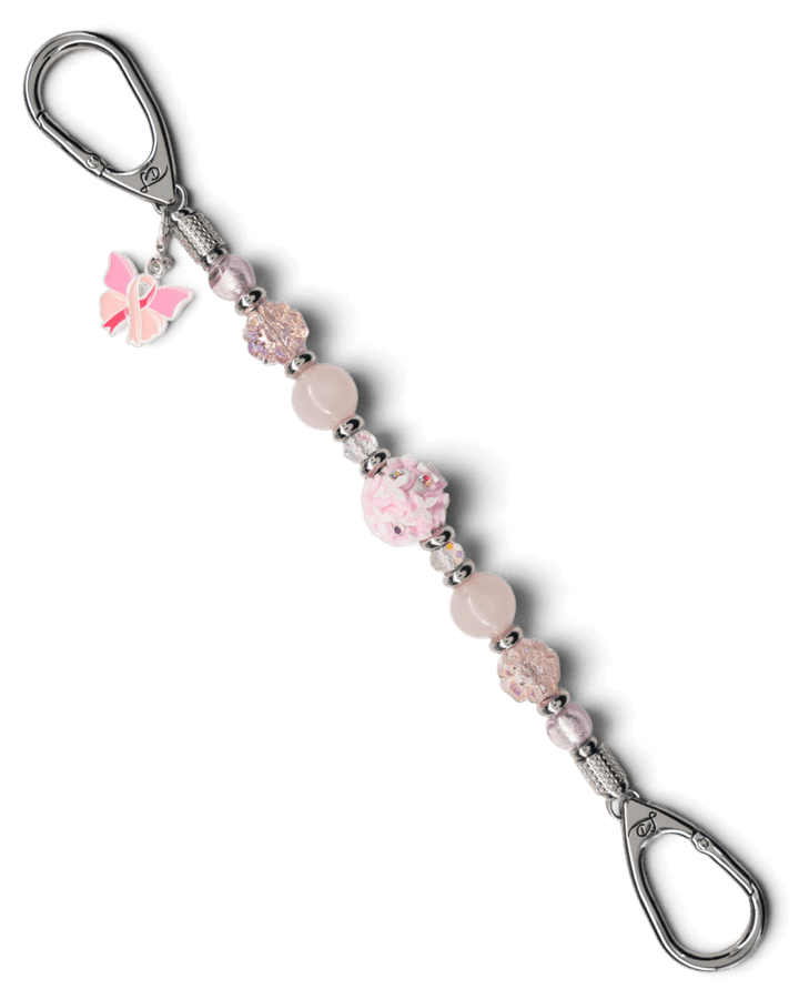 LD Keyfinder Hope Blooms beaded keychain with rose quartz, pink glass flowers, and a pink ribbon butterfly charm.