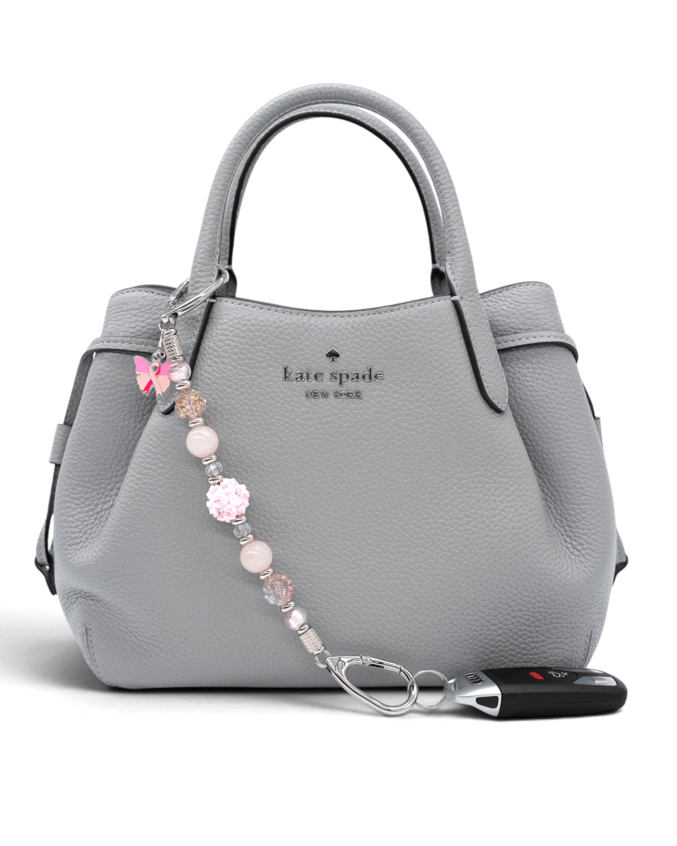 LD Keyfinder Hope Blooms beaded keychain with pink rose quartz, flower beads, and a pink ribbon butterfly charm.
