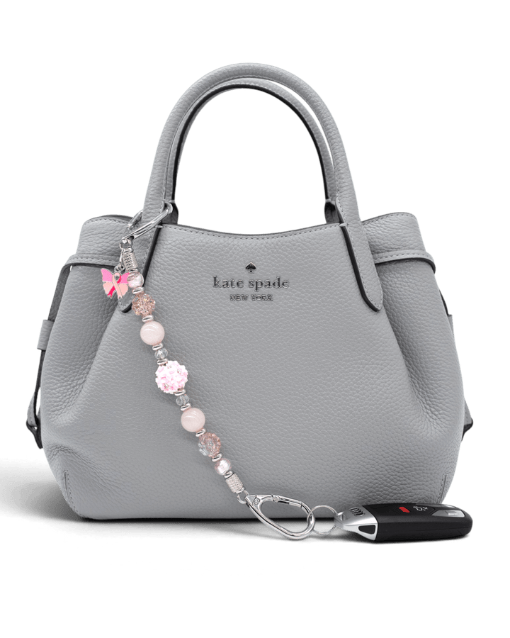LD Keyfinder Hope Blooms beaded keychain with pink rose quartz, flower beads, and a pink ribbon butterfly charm.