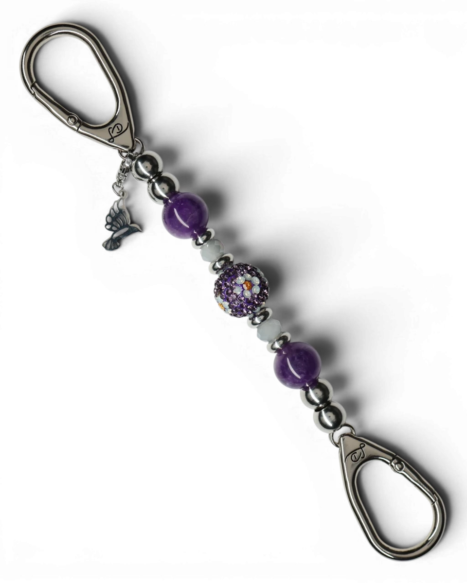 LD Keyfinder Hummingbird Dream Mini keychain with purple amethyst beads, crystal daisy bead, and silver hummingbird charm.