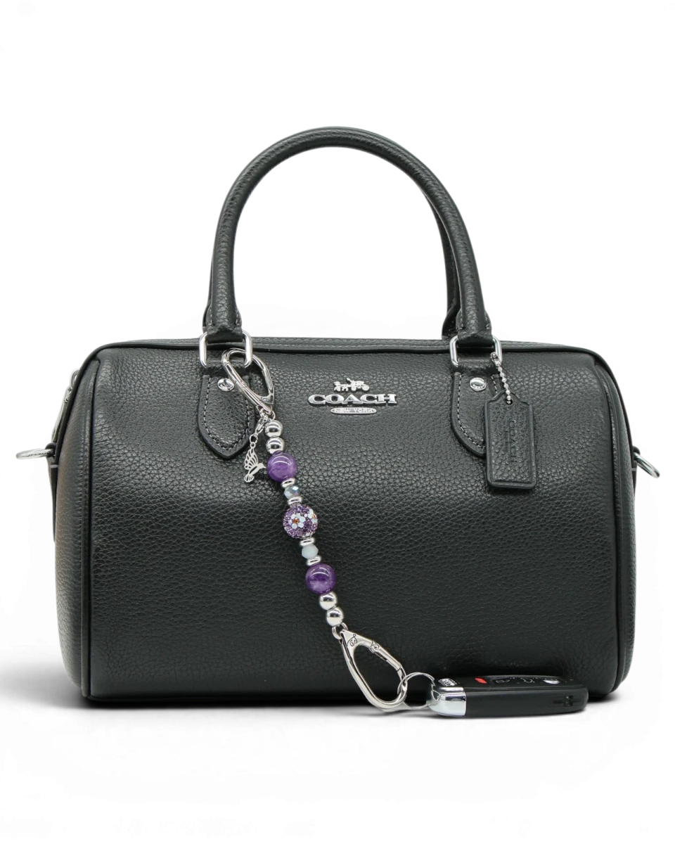LD Keyfinder Hummingbird Dream Mini keychain with purple amethyst and crystal beads, and a hummingbird charm.