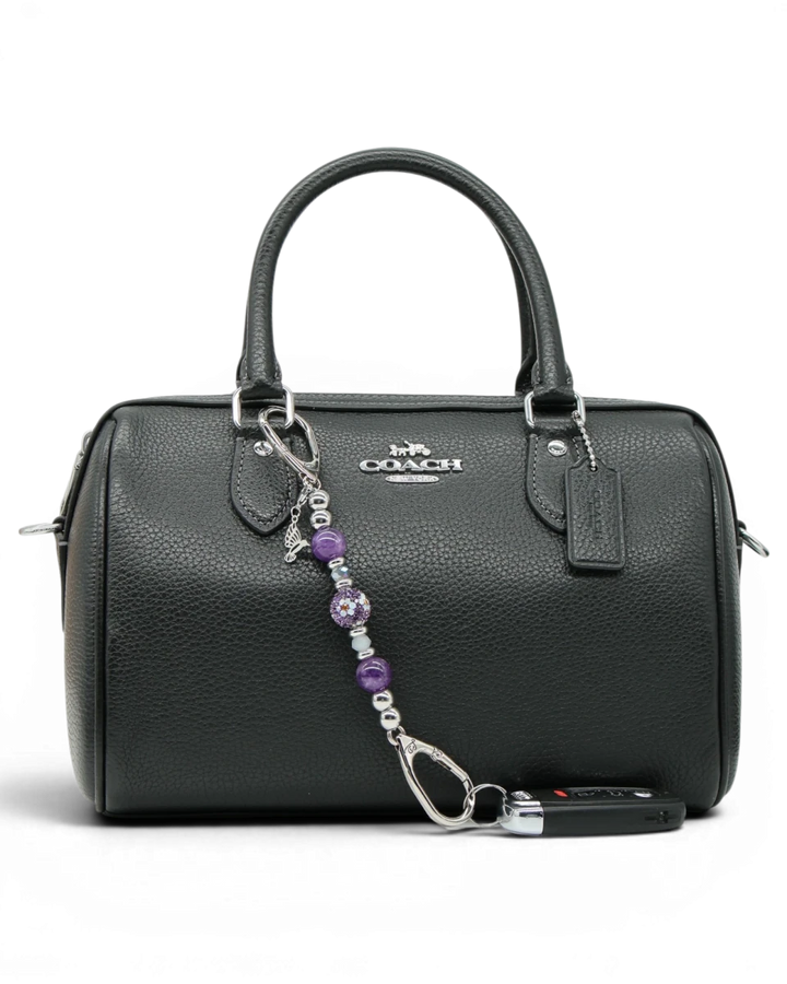 LD Keyfinder Hummingbird Dream Mini keychain with purple amethyst and crystal beads, and a hummingbird charm.