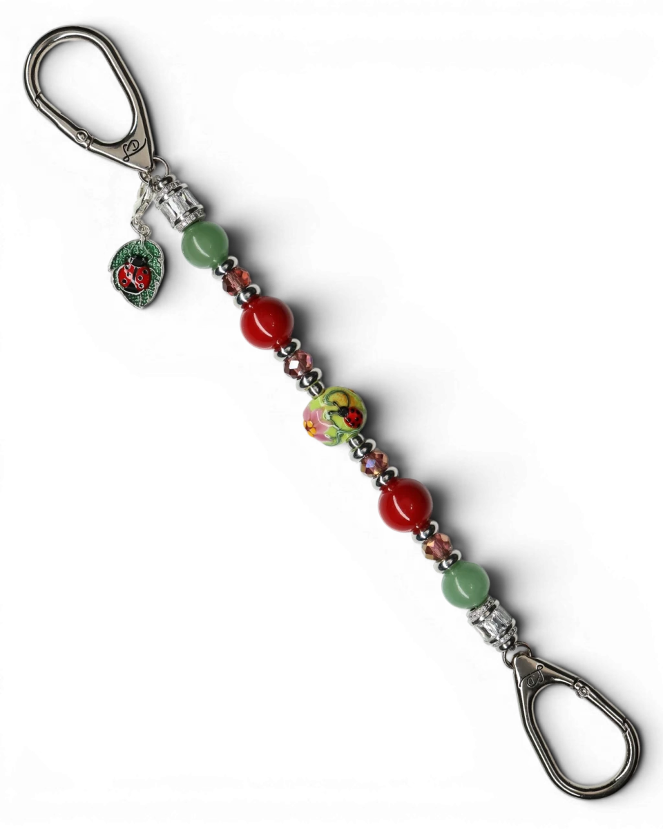 LD Keyfinder Ladybug Love beaded keychain with green aventurine, red shell pearls, and artisan ladybug glass bead.