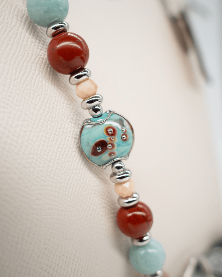 LD Keyfinder Maple Majesty artisan glass and gemstone beaded accessory with red jasper, jade, and silver accents.