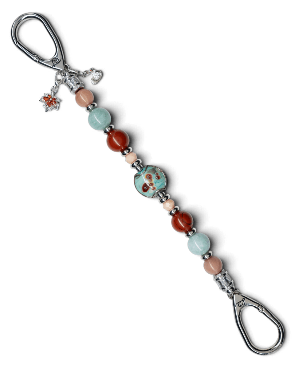LD Keyfinder Maple Majesty beaded key finder with artisan glass, red jasper, jade, and autumn-themed charms.
