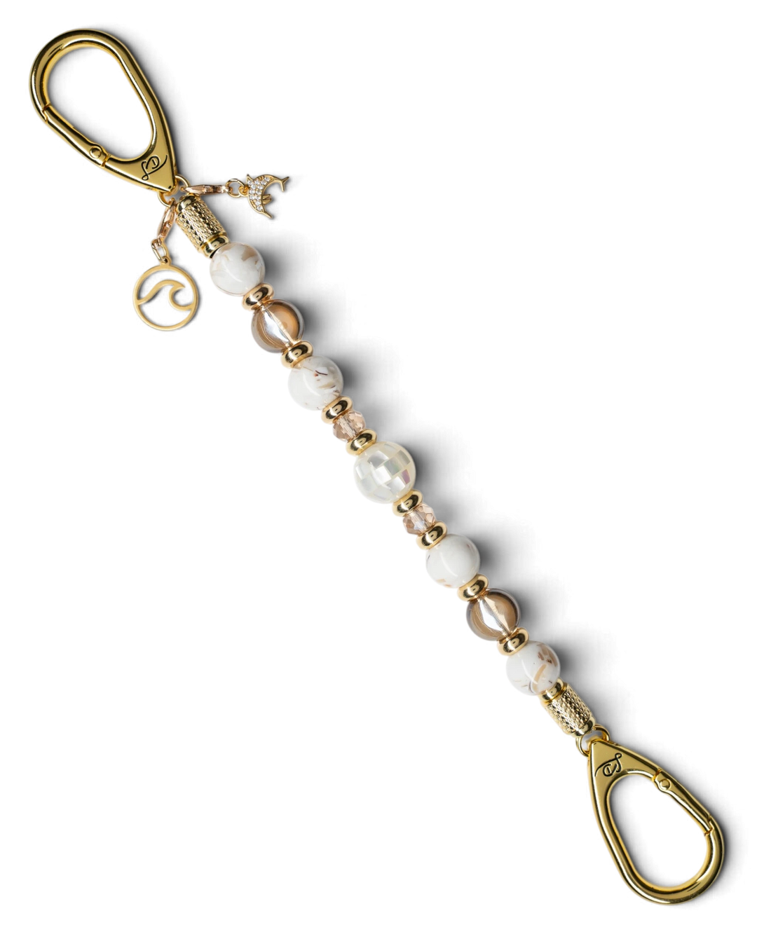 LD Keyfinder Mediterranean Glow beaded key holder with Mother of Pearl, ivory shells, gold beads, and ocean charms.