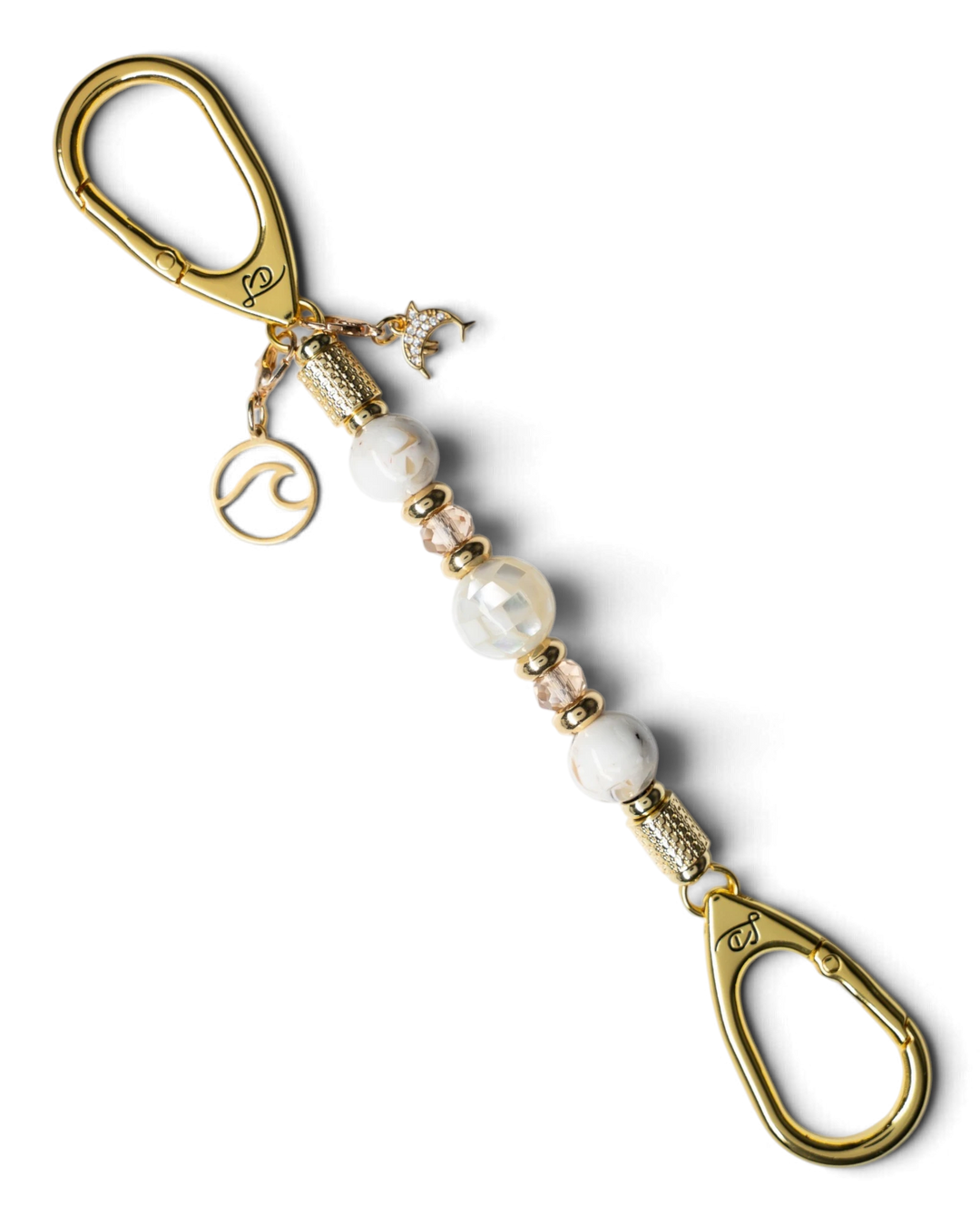 LD Keyfinder Mediterranean Glow-Mini featuring Mother of Pearl, ivory seashell beads, gold glass beads, and charms.