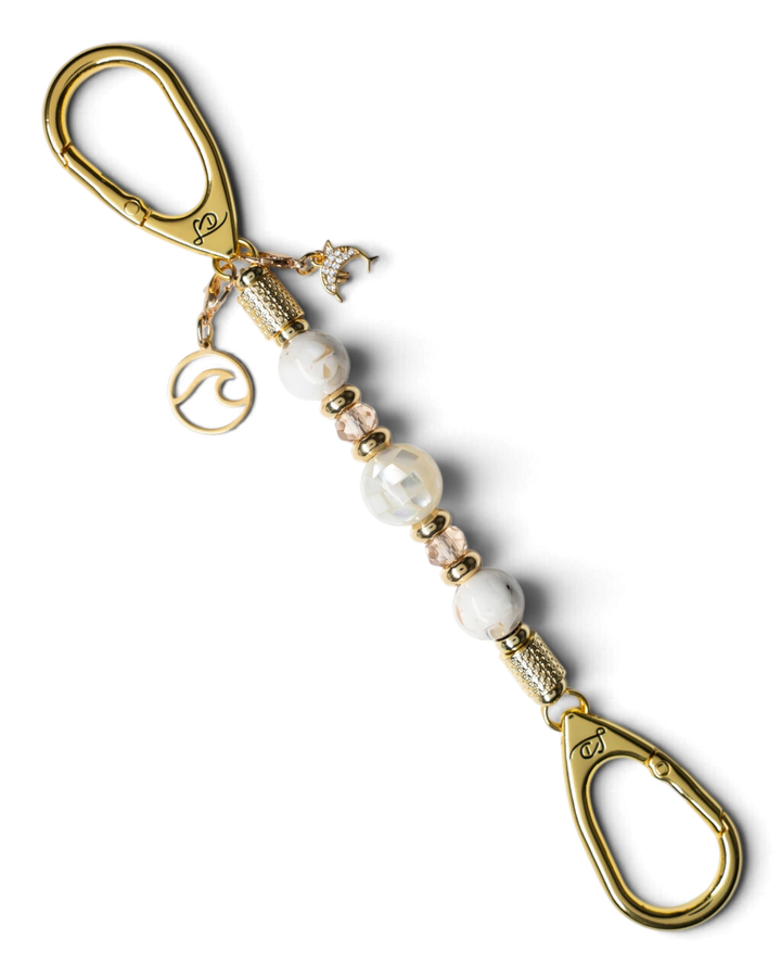 LD Keyfinder Mediterranean Glow-Mini featuring Mother of Pearl, ivory seashell beads, gold glass beads, and charms.