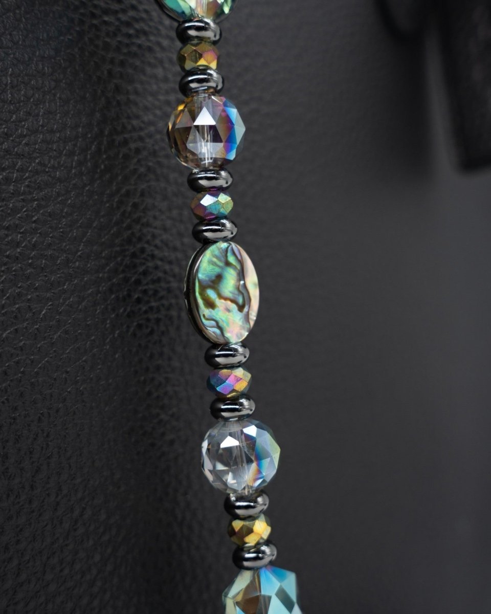 LD Keyfinder Midnight Aurora beaded accessory featuring an iridescent abalone shell bead and rainbow crystal glass