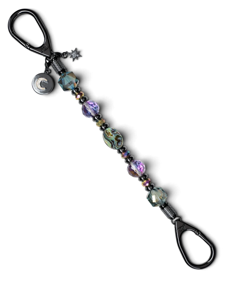 LD Keyfinder Midnight Aurora beaded keychain with abalone shell, rainbow crystal beads, and moon and star charms.