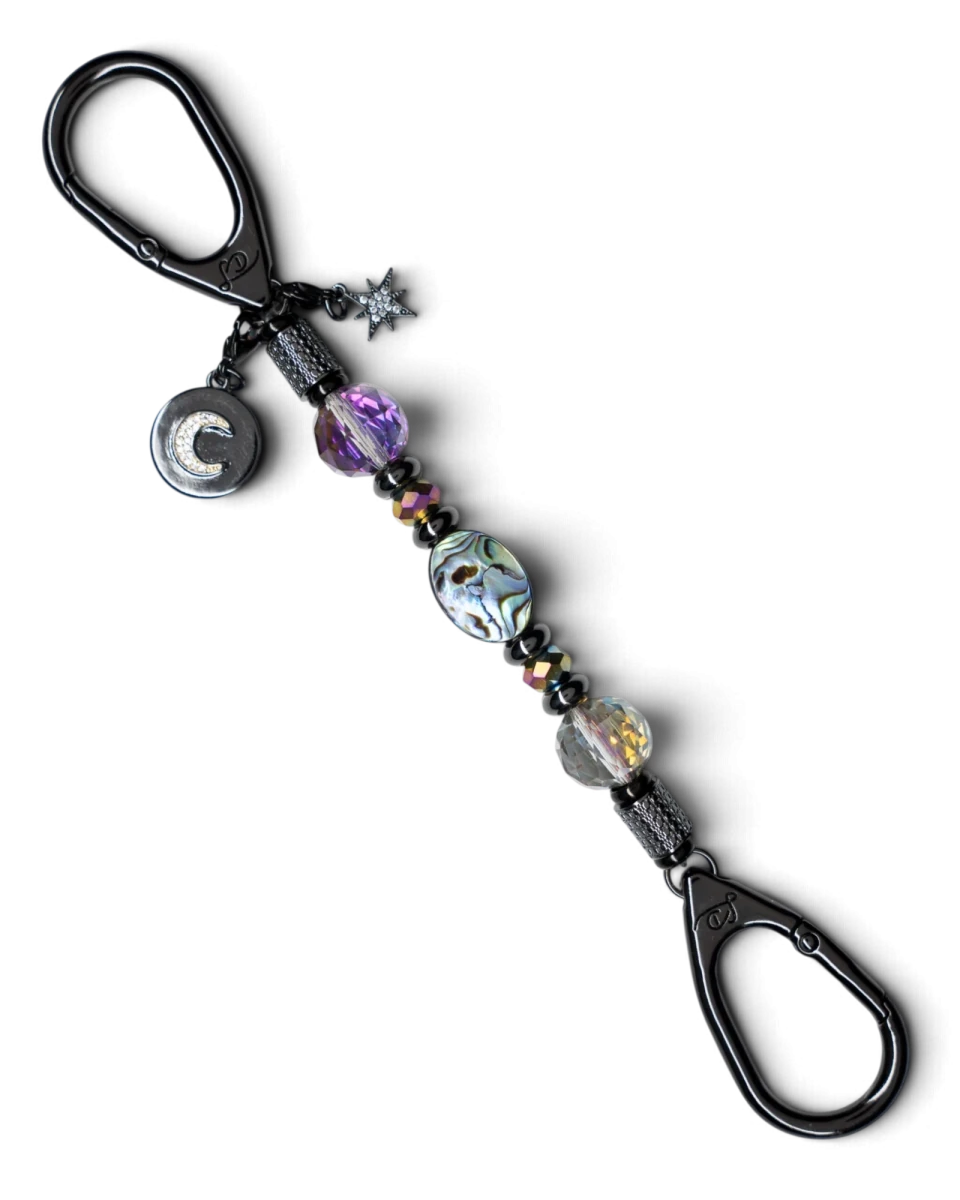 LD Keyfinder Midnight Aurora-Mini keychain with abalone shell, rainbow crystal beads, and moon and star charms.